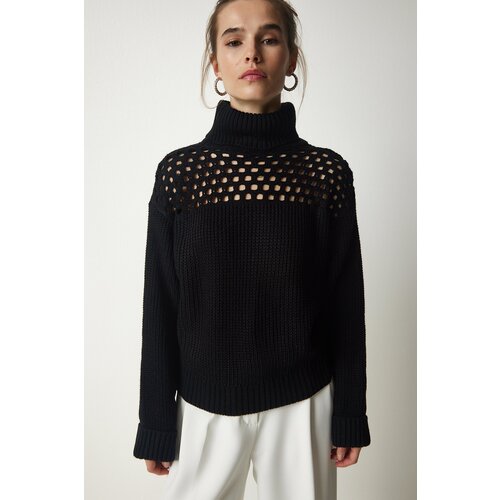 Women&amp;#039;s Black Turtleneck Sweater With Openwork Knitwear Slike