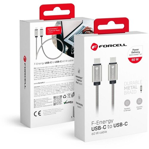 forcell f-energy metal C237 kabal (kabl) type c na type c pd QC4.0 3A 60W 1 m srebrni Cene