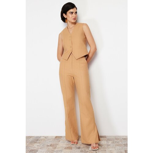 Trendyol Camel Premium Straight/Straight Cut Linen Woven Trousers Slike