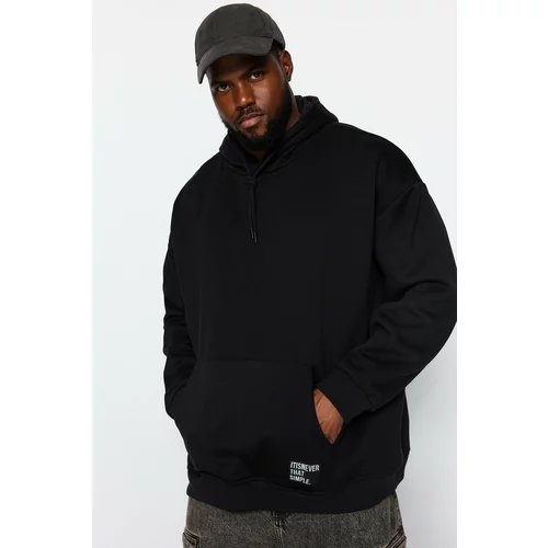 Trendyol Black Men's Plus Size Basic Comfy Hooded Cotton Sweatshirt with Labels and a Soft Pile inside.