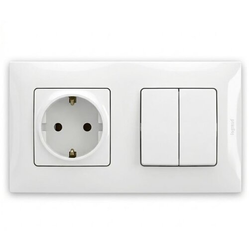 Legrand dvostruki prekidač br. 5 i kućna SCHUKO utičnica 250V/16A sa ramom NILOE, bela Slike