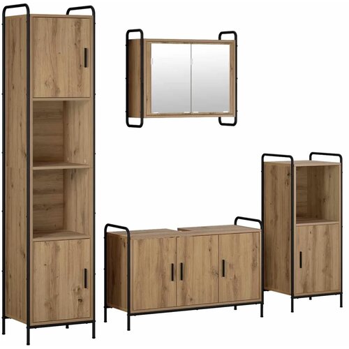  Set ormarića za kupaonicu 4 kom. Hrast artisan 40 x 36 x 181 cm - Hrast artisan Ormar ispod sudopera (3 vrata) + viseći ormar + Slike