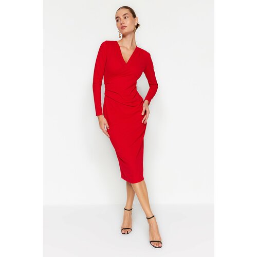 Trendyol Red Double-breasted Collar Long Sleeves Smocking Detailed Fitted Midi Dress Slike