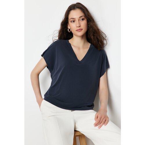Trendyol Anthracite Modal V-Neck Relaxed/Comfortable Cut Knitted T-Shirt Slike