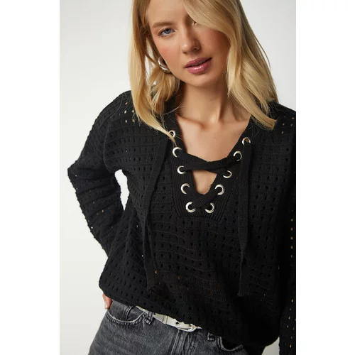Happiness İstanbul Women's Black Lace-Up Collar, Openwork Knitwear Sweater