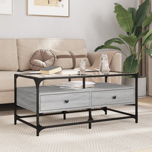 The Living Store Klubska mizica s steklom siva sonoma 98,5x50x45 cm jeklo - Klubska Mizica, (21573916) Cene