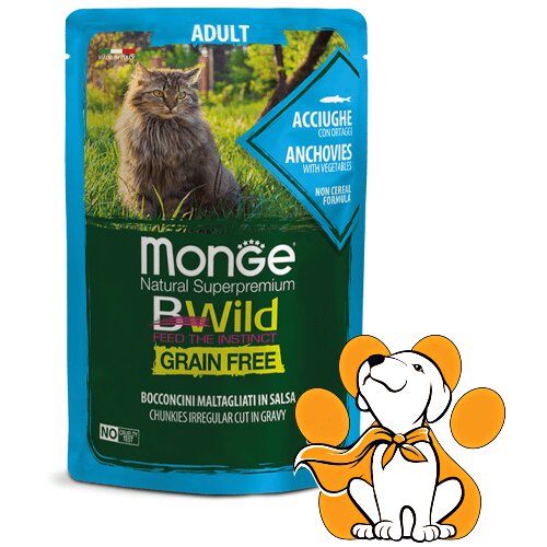 Monge Bwild Grain Free, Adult Cat, Anchovies 85g, Sos Za Mačke, Inćun i Povrće Slike