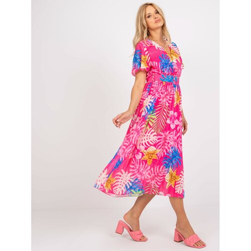 Fashion Hunters Pink pleated midi dress with tropical prints Slike
