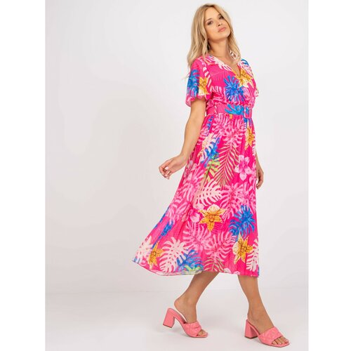 Fashion Hunters Pink pleated midi dress with tropical prints Slike