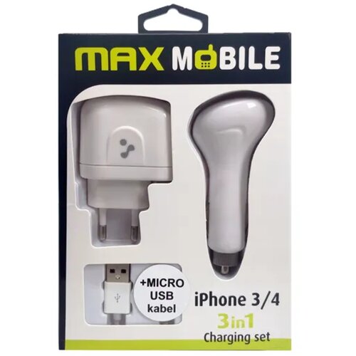Max Mobile Set punjača 3u1 kućni i auto punjač s kabelima Micro USB i iPhone Slike