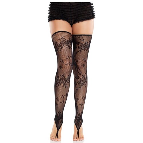 LEG AVENUE HOSIERY LEG AVENUE - FLORAL LACE FOOTLESS STOCKINGS BLACK Cene