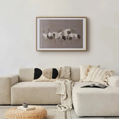  Plakat - Crane Dance - light bird silhouettes on a warm-gray textured background 30x21 Zlatni okvir s margom Slike