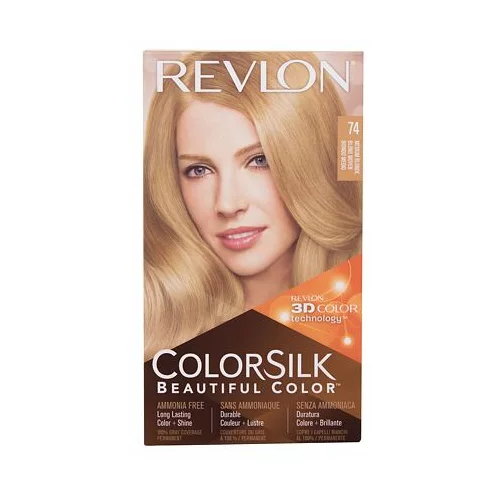 Revlon colorsilk Beautiful Color nijansa 74 Medium Blonde darovni set boja za kosu Colorsilk Beautiful Color 59,1 ml + razvijač boje 59,1 ml + regenerator 11,8 ml + rukavice