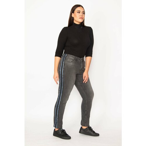 Şans Women's Plus Size Anthracite Silvery Striped 5-Pocket Lycra Jeans Cene