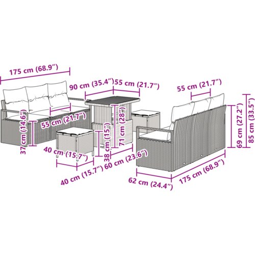 VidaXL 9-dijelni vrtni sofa set s jastučićima crni poli ratan akacija Slike