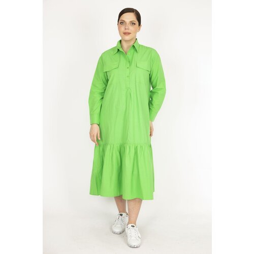 Şans Women's Green Plus Size Front Pat Buttoned Chest Pocket Tiered Hem Dress Slike