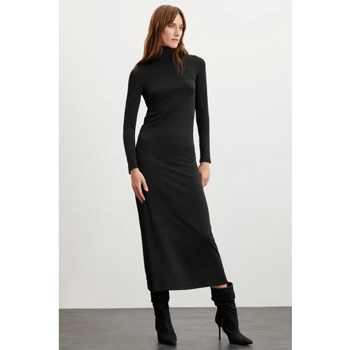 Grimelange Sapphire Women's Turtleneck Long Sleeve Slim Fit Maxi Black Dres