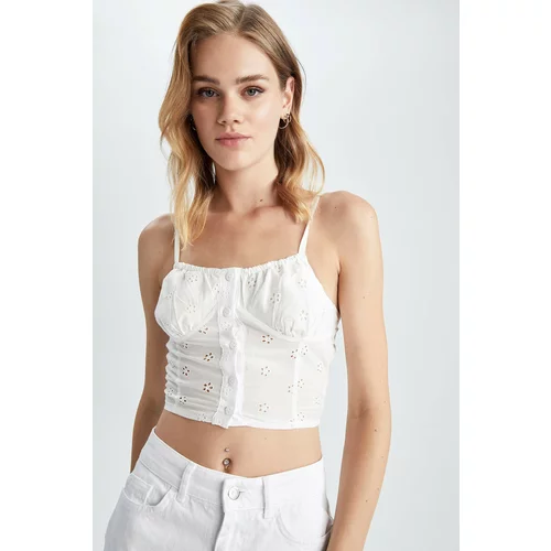 Defacto Fitted Heart Collar Strap Brode Crop Blouse