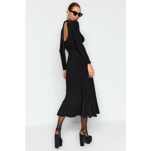 Trendyol Black Maxi Oversized Knit Dress with Ruffles Pleats and Plunging Neck Skirt Slike