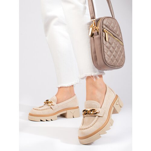 SHELOVET Suede loafers with chain light beige Slike