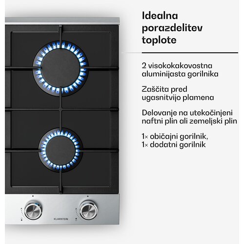 Klarstein Verosteel plinsko kuhalo, 2 plamena, električna zapaljivost, kompatibilno s prirodnim i LPG plinom, 4200 W, 30cm Slike