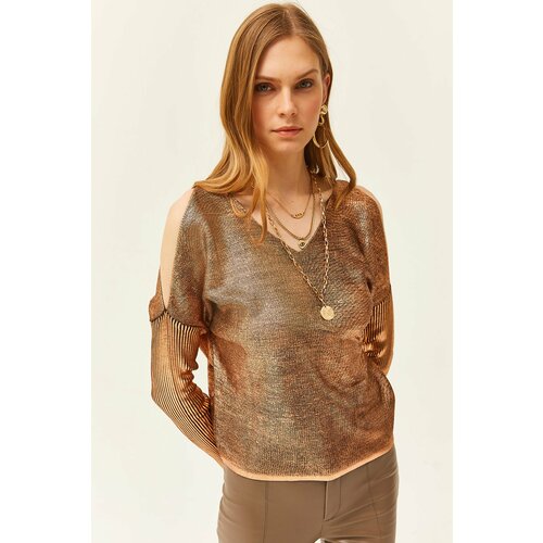 Olalook Women's Bronze Decollete Front Back Metallic Knitwear Sweater Slike