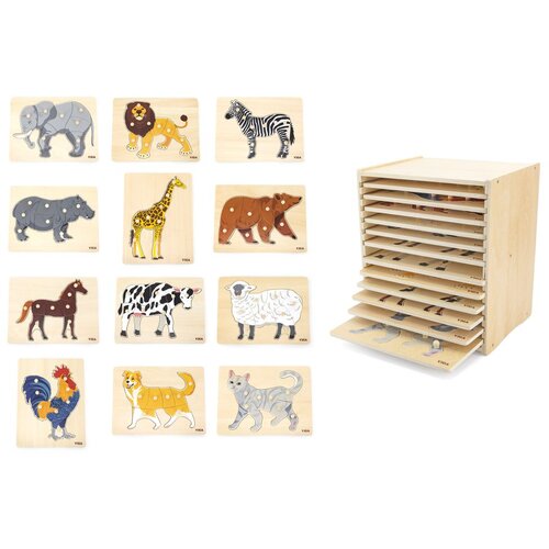 Viga drveni puzzle set od 12 Montessori slagalica sa životinjama + stalak Slike
