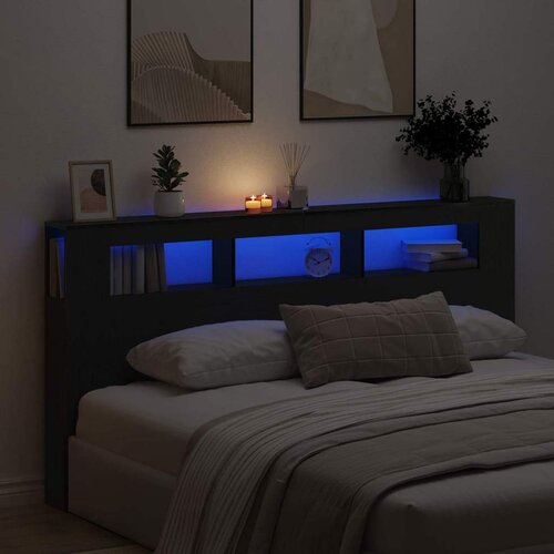  LED glava kreveta s policom Crni hrast 200 x 18,5 x 103,5 cm Slike