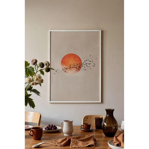 Wallxpert uramljena slika 115231, narandžasto sunce i jato ptica na bež pozadini, 50 x 70 cm, beli ram Slike