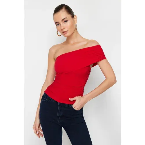 Trendyol Red One-Shoulder Detailed Detail Elastic Knitted Blouse