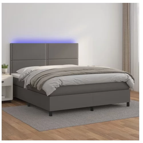  Box spring postelja z vzmetnico LED siva 160x200cm umetno usnje
