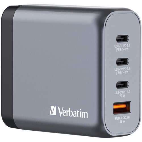 Verbatim GNC-140 GaN Charger 140W with 2 x USB-C PD 140W /1 x USB-C PD 20W /1 x USB-A QC 3.0 (EU /UK /US) Slike