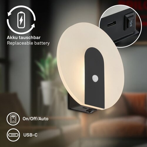 BRILONER 3889015 - led punjivo zidno svetlo sa senzorom taro LED/2,5W/5V 1800 mah crna Slike