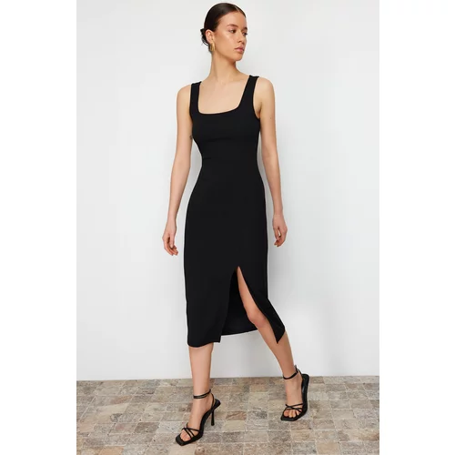 Trendyol Black itted/Sealed Square Neck Stretch Knitted Midi Dress With Slit