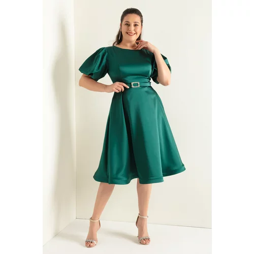 Lafaba Women's Emerald Green Balloon Sleeve Stone Belted Plus Size Satin Evening Dress