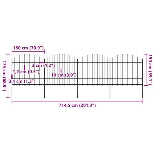 Vrtna ograda s vrhom koplja Čelik 714,5 x 175 cm Crna Slike