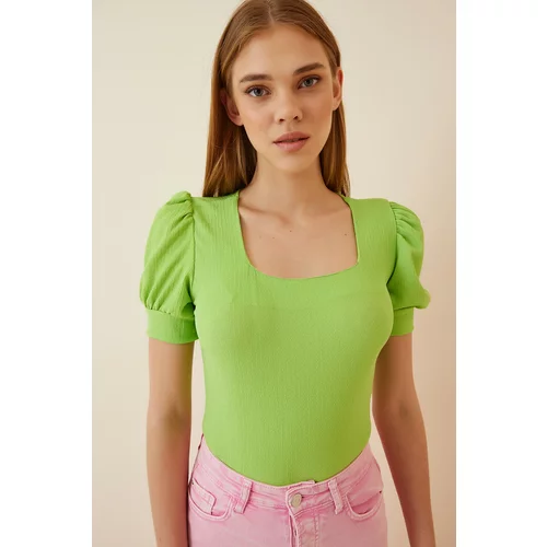 Happiness İstanbul Women's Light Green Square Collar Balloon Sleeve Knitted Blouse