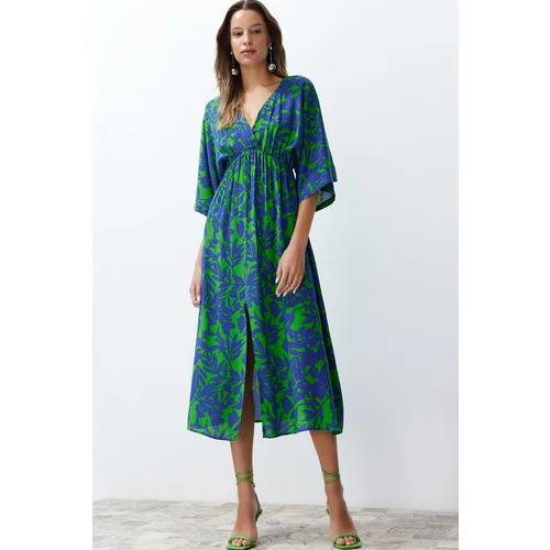 Trendyol Blue Floral Print A-line Double-breasted Collar Midi Woven Dress