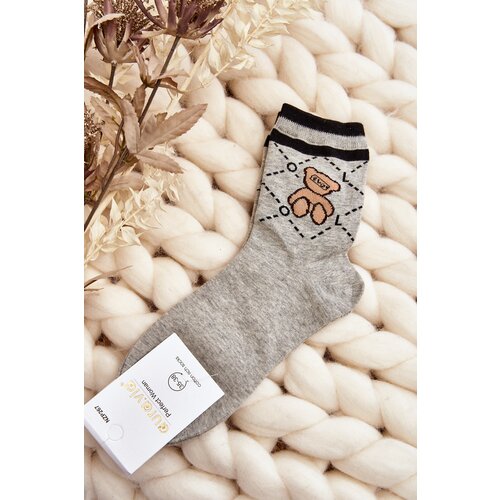 Kesi Patterned Women's Socks With Teddy Bear, Grey Slike