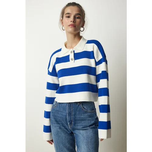  Women's White Blue Stylish Buttoned Collar Striped Crop Knitwear Sweater