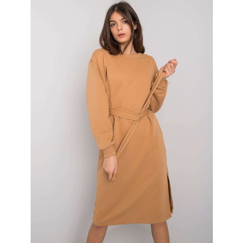 Fashion Hunters RUE PARIS Camel cotton dress with tie Cene