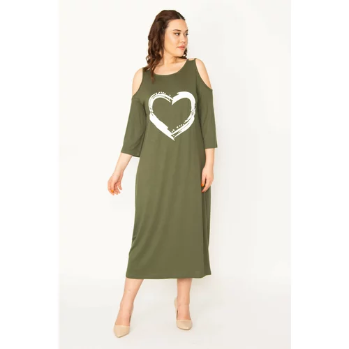 Şans Women's Plus Size Khaki Decollete Front Printed Dress