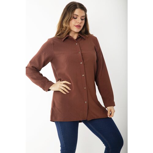 Şans Women's Plus Size Cinnamon Self Striped Long Sleeve Shirt with Metal Button Cene