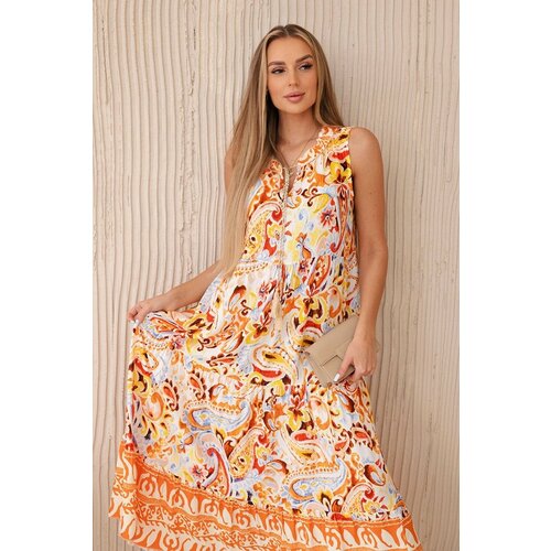 Kesi Viscose dress with a floral motif and a tied neckline in orange Cene