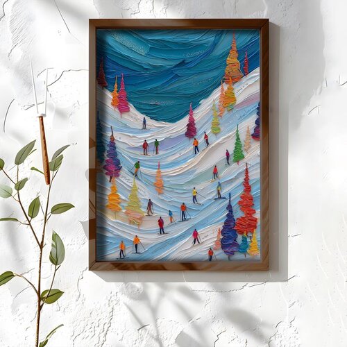 Wallxpert uramljena MDF slika NAL006-46, skija&amp;scaron;i na snežnoj padini među &amp;scaron;arenim jelkama, reljefni stil, 35,5 x 47 cm Slike