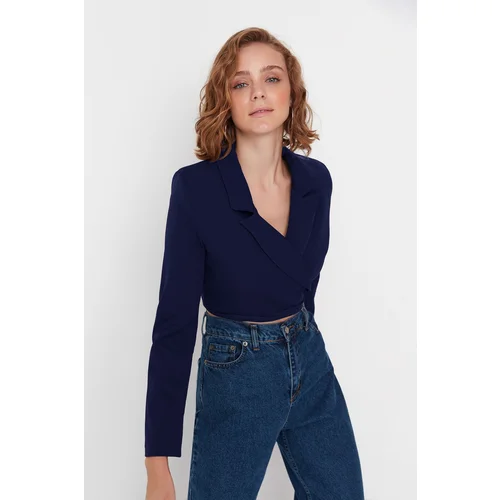 Trendyol Navy Blue Crop Tie Detail Blazer Jacket