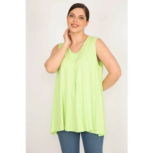 Şans Women's Green Plus Size Front A Pleated V-Neck Sleeveless Tunic Slike