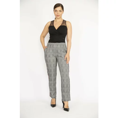 Şans Women's Gray Plus Size Checkered Trousers with Elastic Waist and Side Stripe Detail.