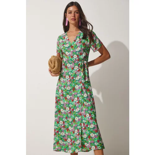 Happiness İstanbul Women's Dark Green Floral Viscose Summer Dress with a Hook, Wrapped Neckline