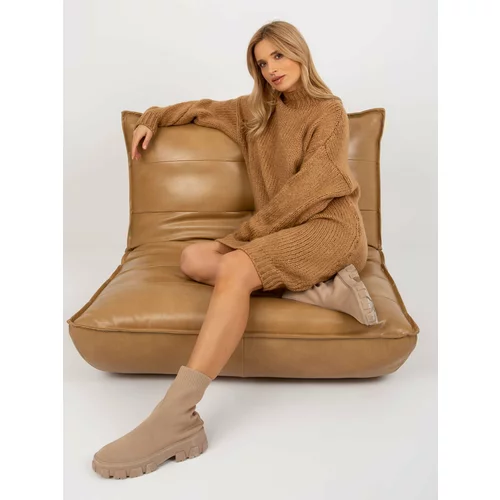 Fashion Hunters Camel women's loose knitted dress with turtleneck